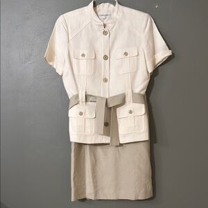 Calvin Klein Cream and Khaki Suit Jacket and Skirt. Lightweight Tailored Linen